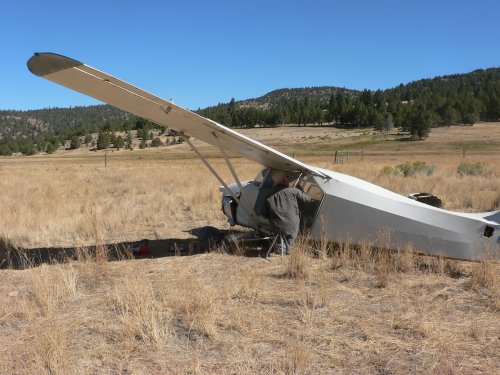 The aircraft rests in a field with one wing down.