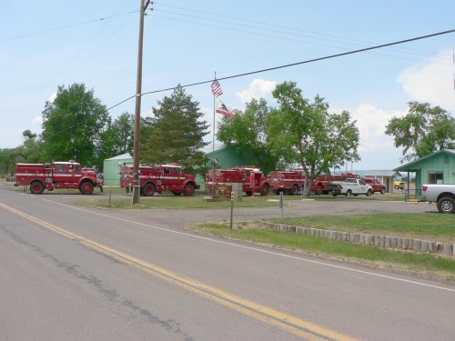 A line of Fire Trucks refueling at the Bieber CDF Station.